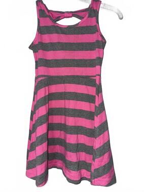 Cherry Stix Girls Pink and Gray Striped Sleeveless Dress with Back Bow Detail
